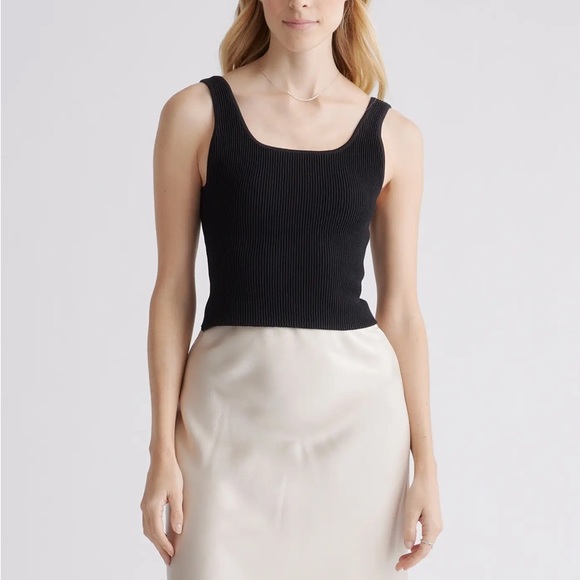 Quince Cropped Square Neck Ribbed Knit Tank NWT S black - Picture 3 of 4